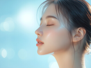 Aufkleber - 若くてかわいいアジア人女性モデルの横顔。柔らかいフォーカスで、光が差し込む爽やかな背景。