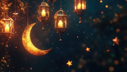 Poster - Golden Lanterns and Crescent Moon with Sparkling Stars at Night