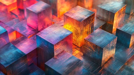 Wall Mural - colorful abstract cubic landscape with textures and dynamic lighting