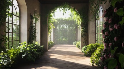 Wall Mural - Sunlit garden walkway, arched passage, lush greenery, peaceful background, ideal for relaxation