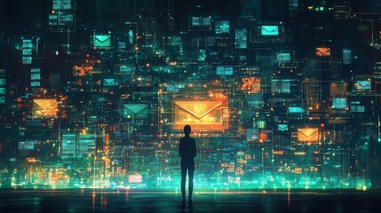 Digital communication interface with silhouette and emails.