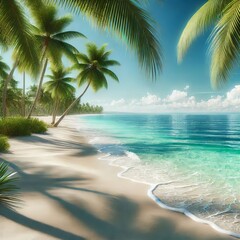 a luxurious summer beach with soft white sand and clear turquoise waters, fringed by palm trees. the