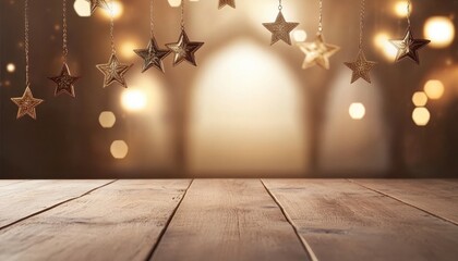 Poster - Golden Stars Hanging Over Wooden Table Festive Background