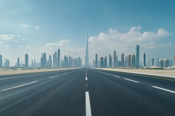 desert highway towards modern city skyline