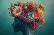© julija - surreal digital artwork of anatomical brain blooming with vibrant flowers, representing mental wellness and emotional growth
