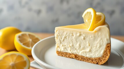 Wall Mural - Delicious lemon cheesecake slice garnished with fresh lemon slices and served on a white plate