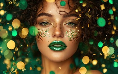 Artistic portrait of a young woman with metallic emerald lipstick, dewy skin, and golden confetti accents, set against a dynamic Saint Patricks Day background