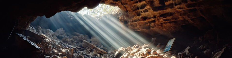 Wall Mural - Sunbeams Illuminating Cave Interior with Framed Image