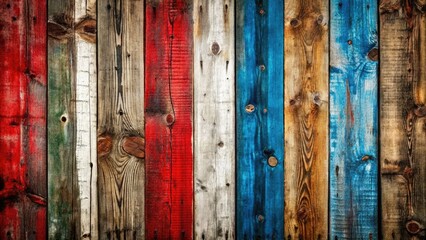 Wall Mural - Rustic red, white, blue, and brown wood planks create a panoramic, textured background.