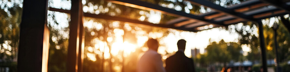 Wall Mural - Silhouetted Figures Under Pergola at Sunset