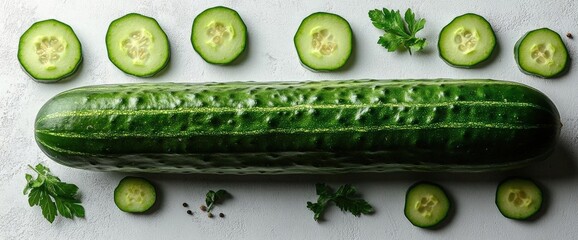 Wall Mural - Fresh Cucumber Slices On Light Gray Background