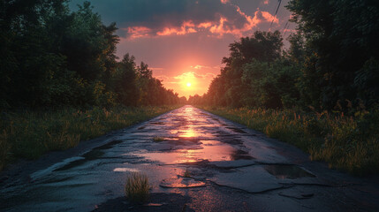 post apocalyptic highway cracked and overgrown, reflecting vibrant sunset