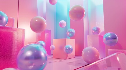 Wall Mural - an abstract, colorful 3d rendering of geometric shapes with neon lights.