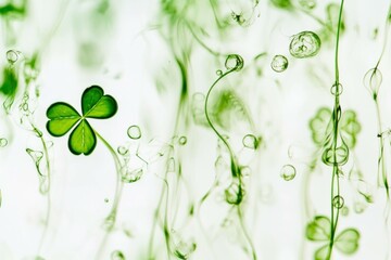 Poster - Abstract green clover leaf submerged in bubbles and liquid, representing freshness and vitality in nature, perfect for eco friendly or health themes