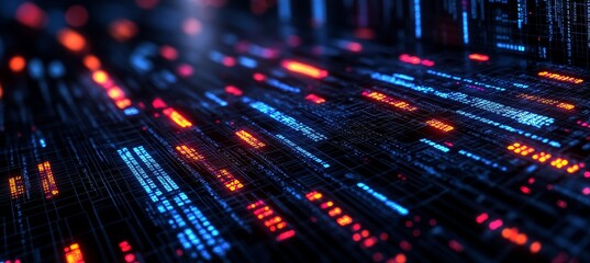Abstract Technology Background With Glowing Lines Of Code In Red And Blue, Data Flow Concept