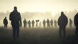 © musa - Film crew silhouettes at sunrise, misty field