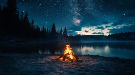 Wall Mural - a crackling campfire illuminates a serene lake beneath the stars