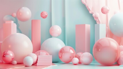 Wall Mural - abstract 3d render with pastel pink and blue colors, with spheres and geometric shapes.
