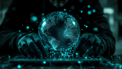 Wall Mural - cyber intrusion, a hooded figure manipulates a digital globe, symbolizing global cybercrime and the 