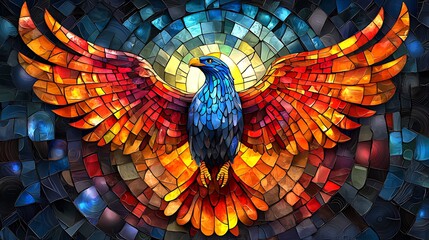 Wall Mural - Mosaic Eagle Soaring, Sunburst Background, Spiritual Art