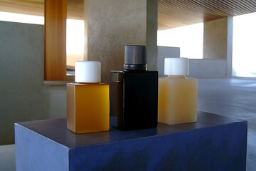 Wall Mural - Modern Cosmetic Bottles Display on a Stylish Platform