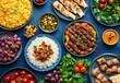 © ANZ studio - Middle Eastern feast grilled meats, rice, fruit, overhead
