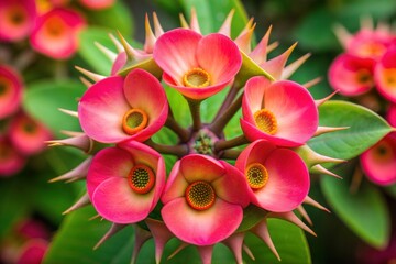 Canvas Print - Pink flowers with spiky green leaves vibrant flower wallpaper concept