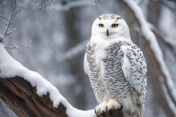 snowy owl standing on a tree branch