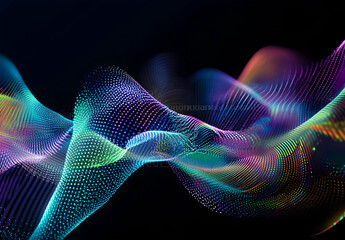 Wall Mural - luminous waveforms, a dynamic display of intertwined digital light structures emerging from darkness
