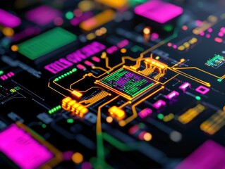 Wall Mural - abstract close-up of a vibrant computer circuit board with glowing components and intricate digital 