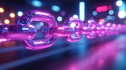 Fototapete - Glowing chain links, city night background, security concept