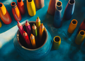 Artistic harmony, A vibrant still life featuring colorful pencils in a ceramic pot surrounded by an array of hollow, playful vibrant forms