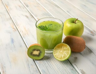 Wall Mural - Glass of fresh kiwi and green apple juice with lime and mint on white wooden table