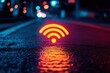 © Selvi - Neon Wifi Symbol Glows on Wet Asphalt Road at Night, Cityscape Background, Showing Connectivity