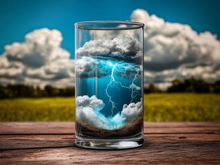 Glass of stormy clouds and lightning with crashing waves within liquid, hyperrealistic