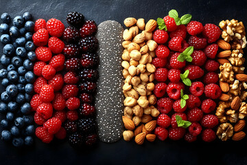 Sticker - Colorful Arrangement Of Berries And Nuts On Dark Background