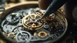 © leymart - Close-up view of a watchmaker meticulously working on intricate watch mechanism.  Precision repair of a vintage watch movement. Detailed close-up of clockwork gears.