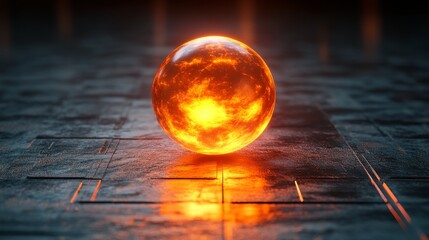 Wall Mural - glowing lava sphere resting on a futuristic dark gray surface