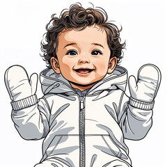 A baby boy smiling with curly hair wearing a winter jumpsuit and mittens in a anime hand drawing flat line design