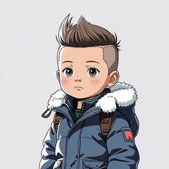 A preschool boy serious with a tiny mohawk wearing a winter thick jacket and beanie in a anime hand drawing flat line design