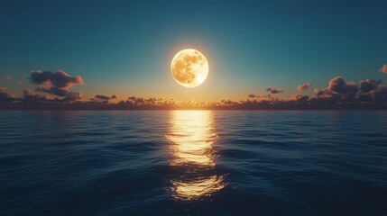 Wall Mural - bright golden full moon rises above a calm serene ocean