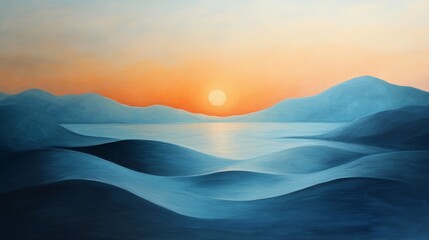 Wall Mural - serene landscape featuring blue rolling hills and a warm sunset