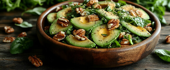 Poster - Avocado Salad With Pecans In Wooden Bowl