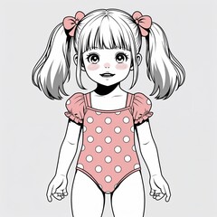 Wall Mural - A toddler girl playful with puffy twin tails wearing a summer polka dot onesie in a anime hand drawing flat line design