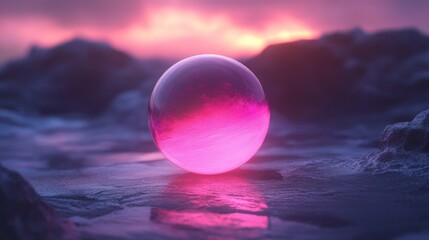 Wall Mural - glowing orb on rough surface against soft sunset backdrop