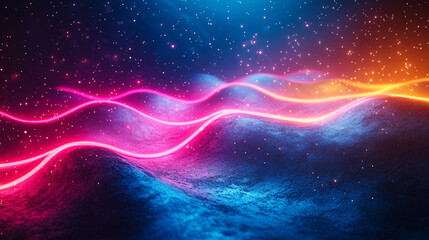 Wall Mural - Vibrant glowing waves flow on abstract terrain. Neon light streaks with star dust & cosmic energy. Modern futuristic background.