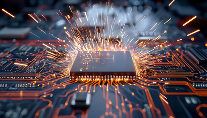 Wall Mural - A sleek metal backdrop with a levitating circuit board.  Generative AI.