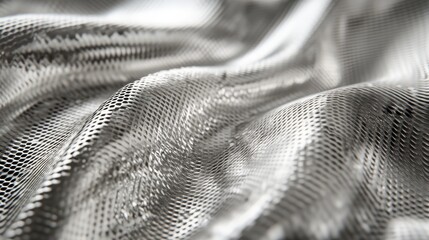 Silver metallic fabric with hexagonal pattern is draped and textured