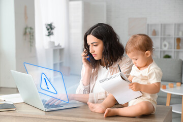 Poster - Cute little baby and young mother working with laptop while talking by mobile phone on maternity leave at home