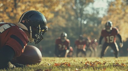 American football players ready for action on a bright autumn day outdoors